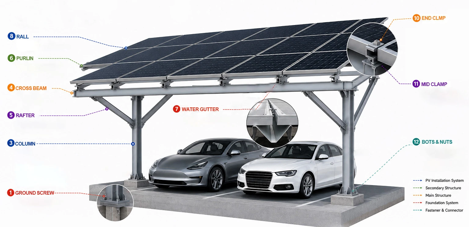 pv carport exploded view components